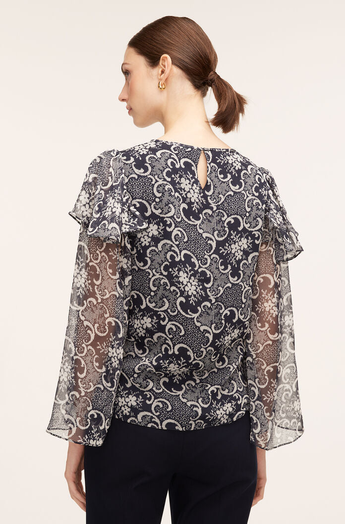 Rochelle Fleur Ruffle Silk Blouse | Rochelle Fleur Navy Combo