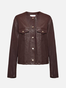 Leather Round Neck Leather Jacket | Brown
