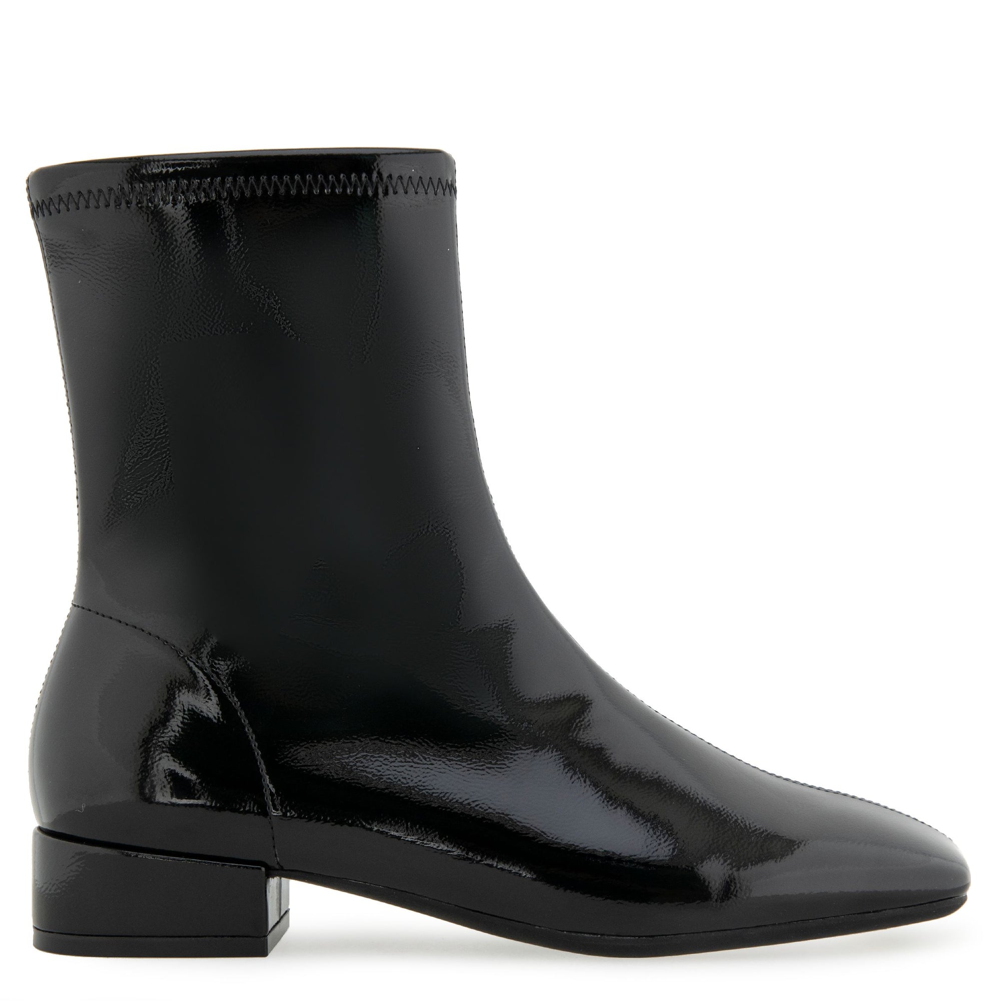 Nina Bootie Low Block Heel | Black Stretch Crinkled Faux Patent
