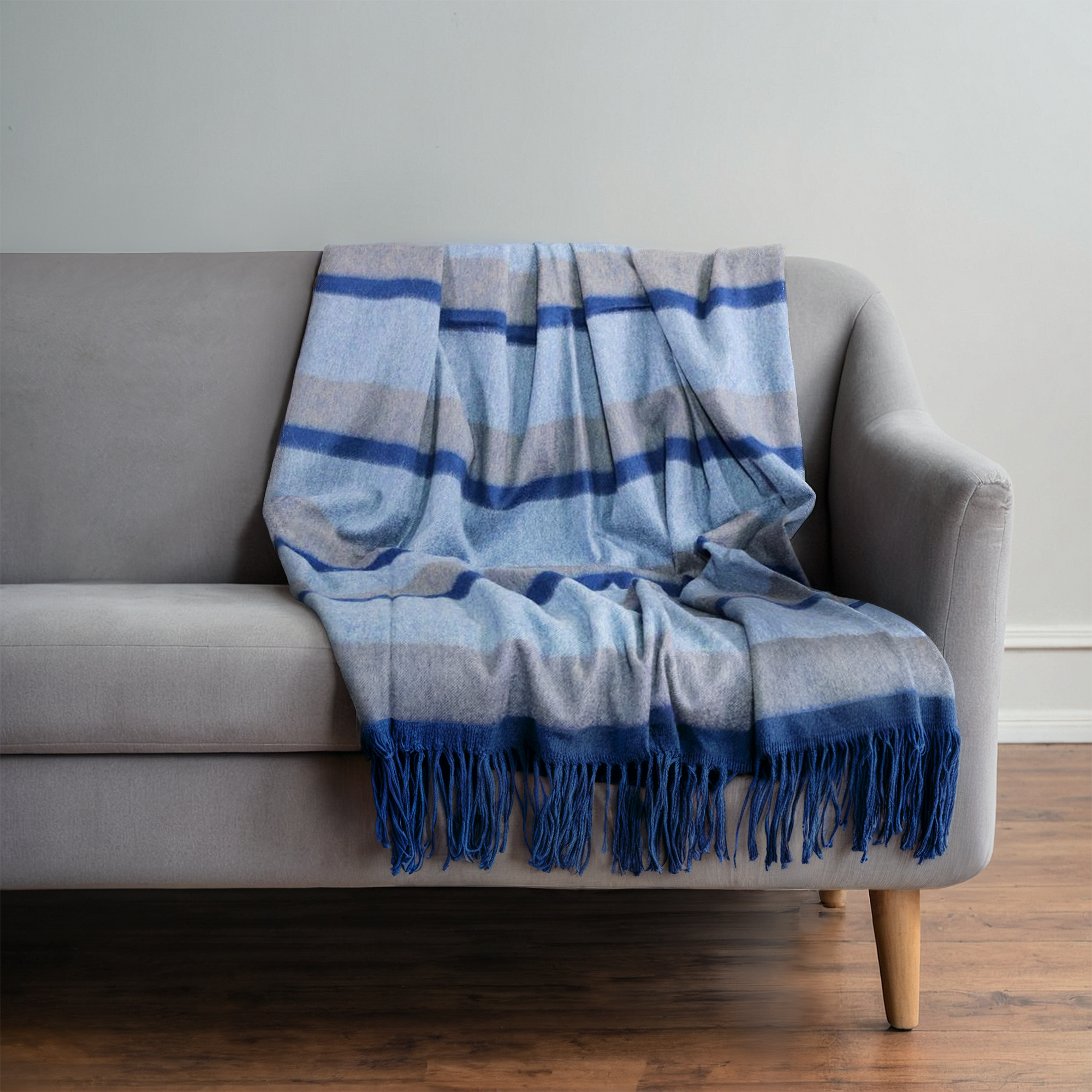 Unisex | Cashmere Striped Throw with Fringes | Blue Combo