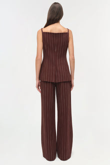 Brown pinstriped wide-leg suiting pants with matching sleeveless top, shown from back view.