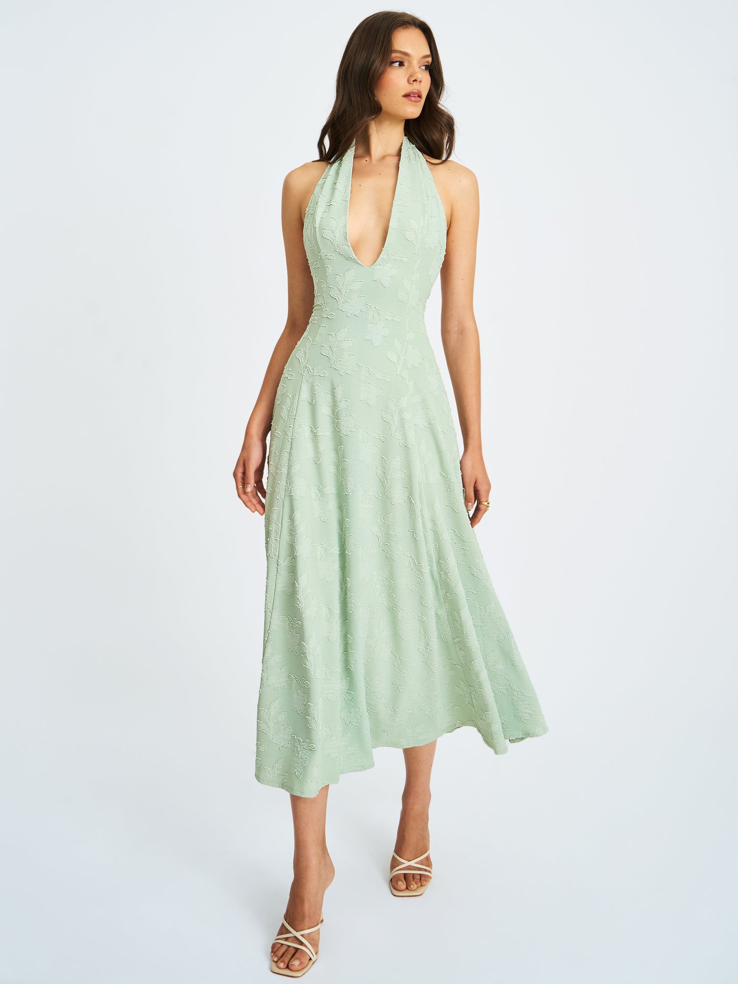 Magda Deep V Neck Halter A-line Midi Dress | Mint Green