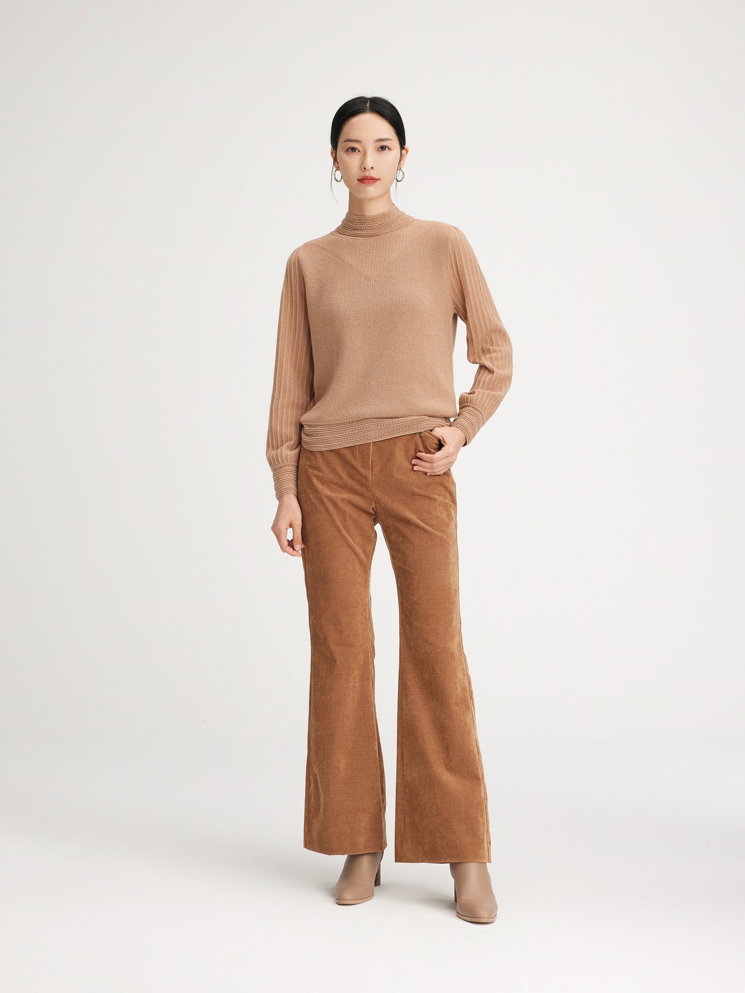 Cashmere Chimney Collar Pleated Knit Top | Camel