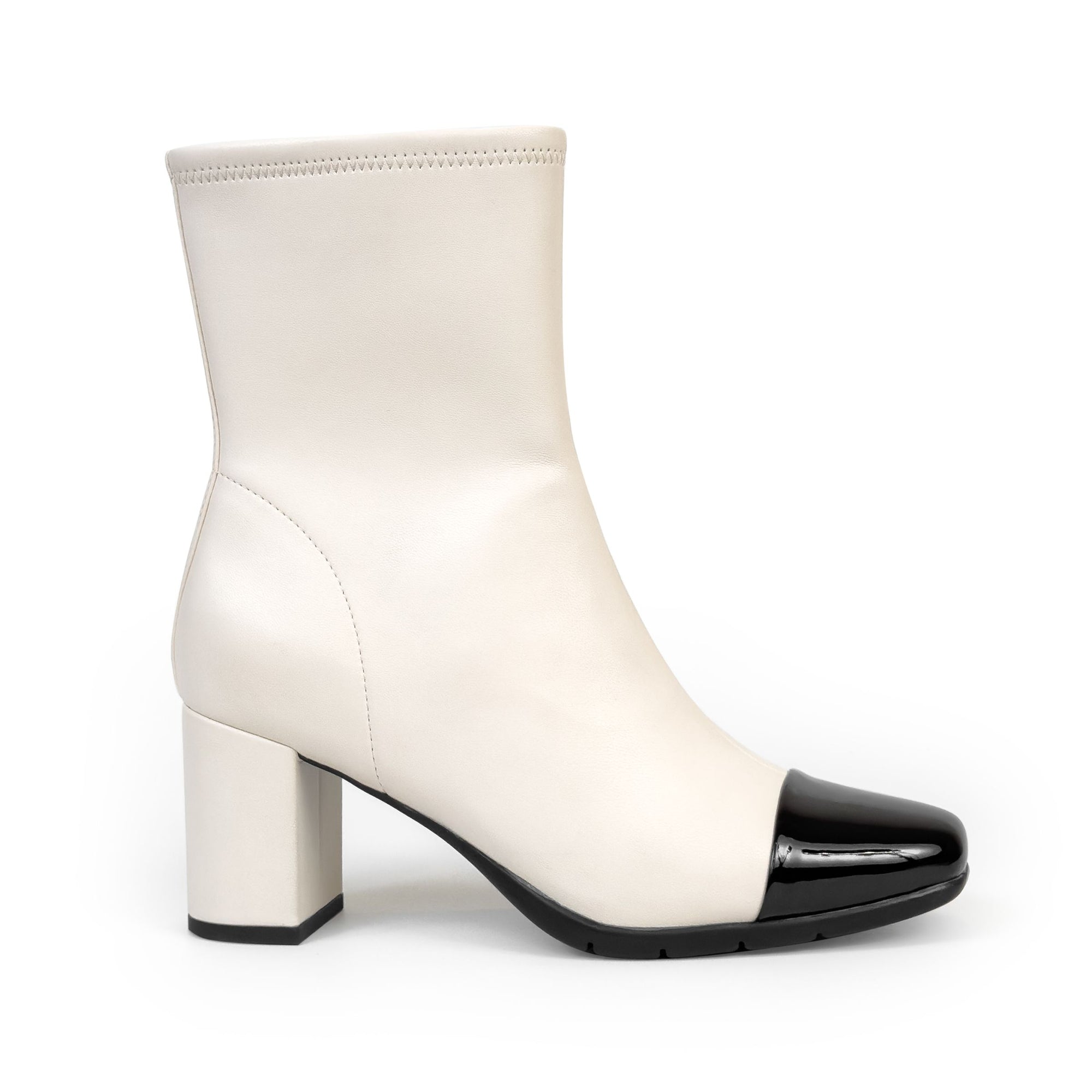 Miless Bootie Mid Block Heel | Eggnog/Black Faux Stretch Nappa/Faux Patent