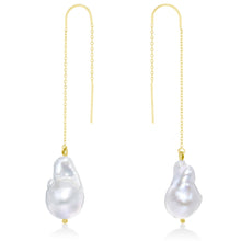 14K Yellow Gold Threader earrings with Baroque Pearls on a white background