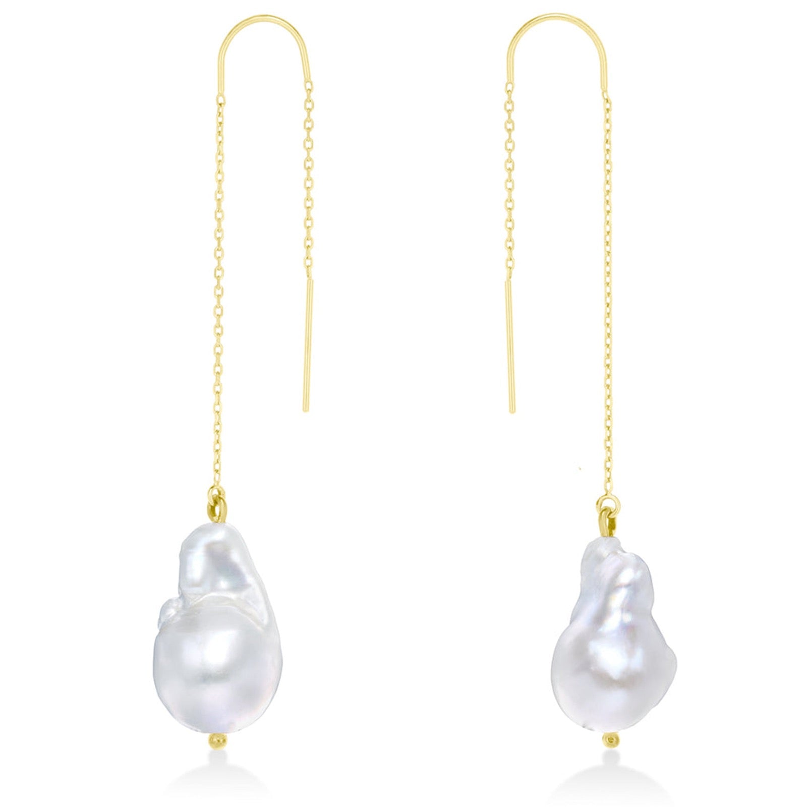14K Yellow Gold Threader earrings with Baroque Pearls on a white background