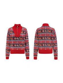 Retro Style Polo Jacquard Sweater | Red