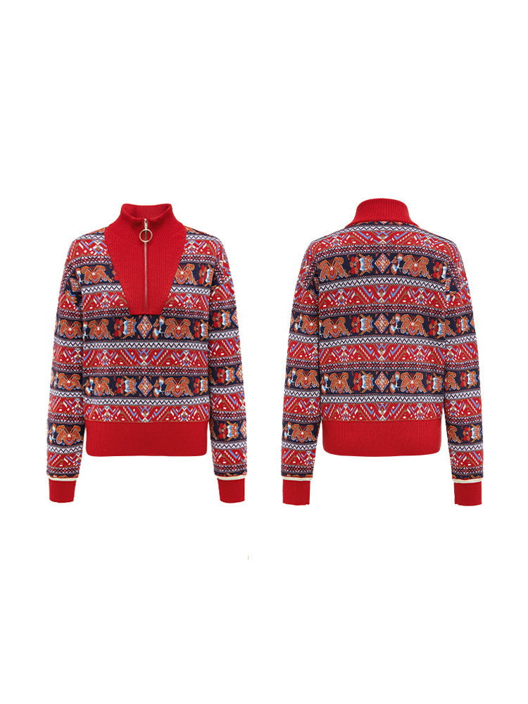 Retro Style Polo Jacquard Sweater | Red