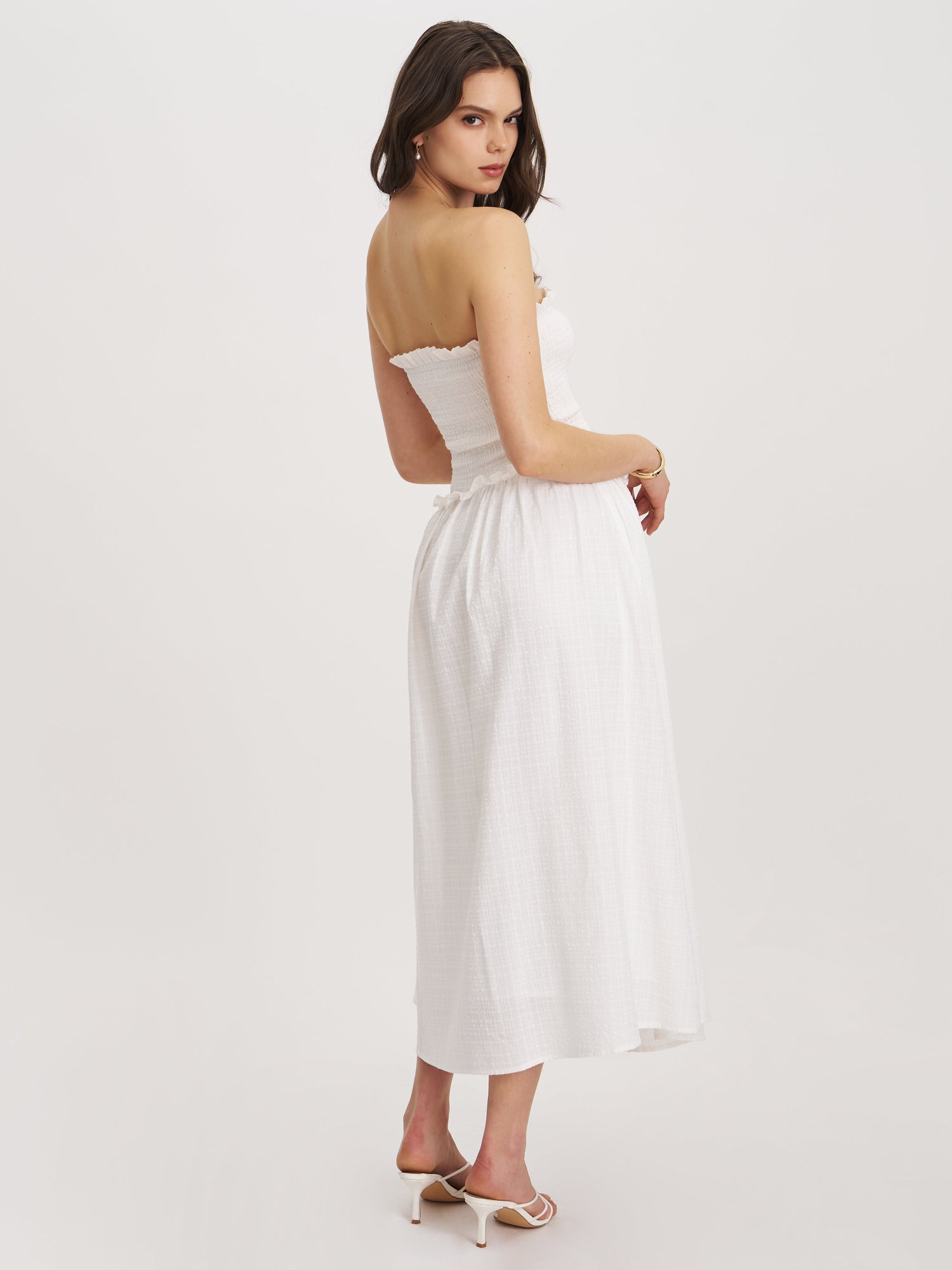 Quadiya Cotton Seersucker Smocked Strapless Midi Dress | White