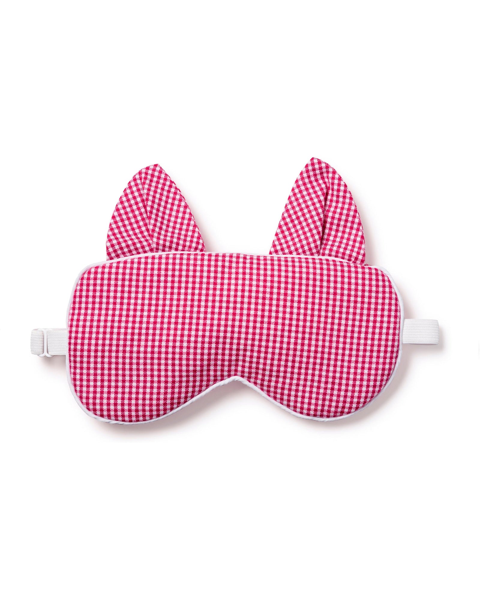The Adults Flannel Kitty Sleep Mask in Red Mini-Gingham by Petite Plume features charming fabric cat ears and an adjustable strap. Its part of a set, perfect for pairing with matching eye masks for a delightful monogrammed gift experience.