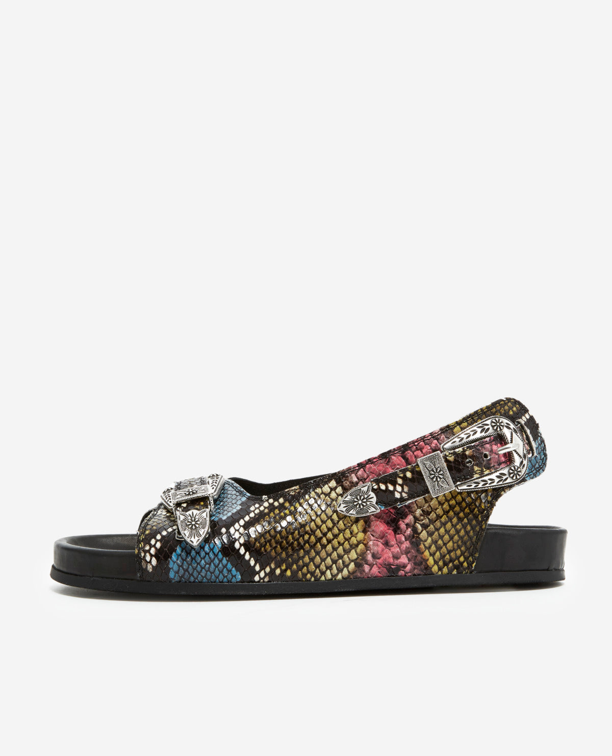 Flat Leather Sandals W/ Colored Snake Effect | Women | Black x Pink x Yellow