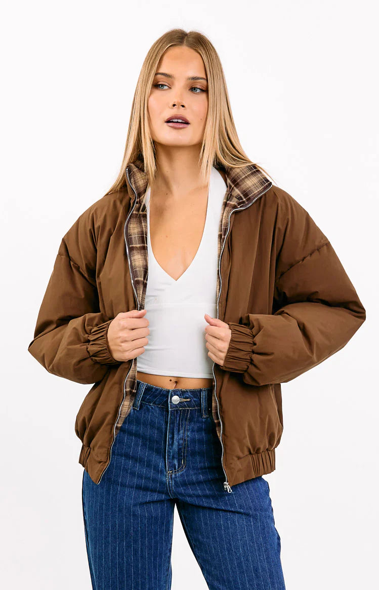 All I Wanted Puffer Jacket | Brown Plaid