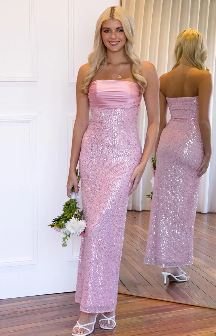 Alliana Sequin Strapless Formal Maxi Dress | Pink