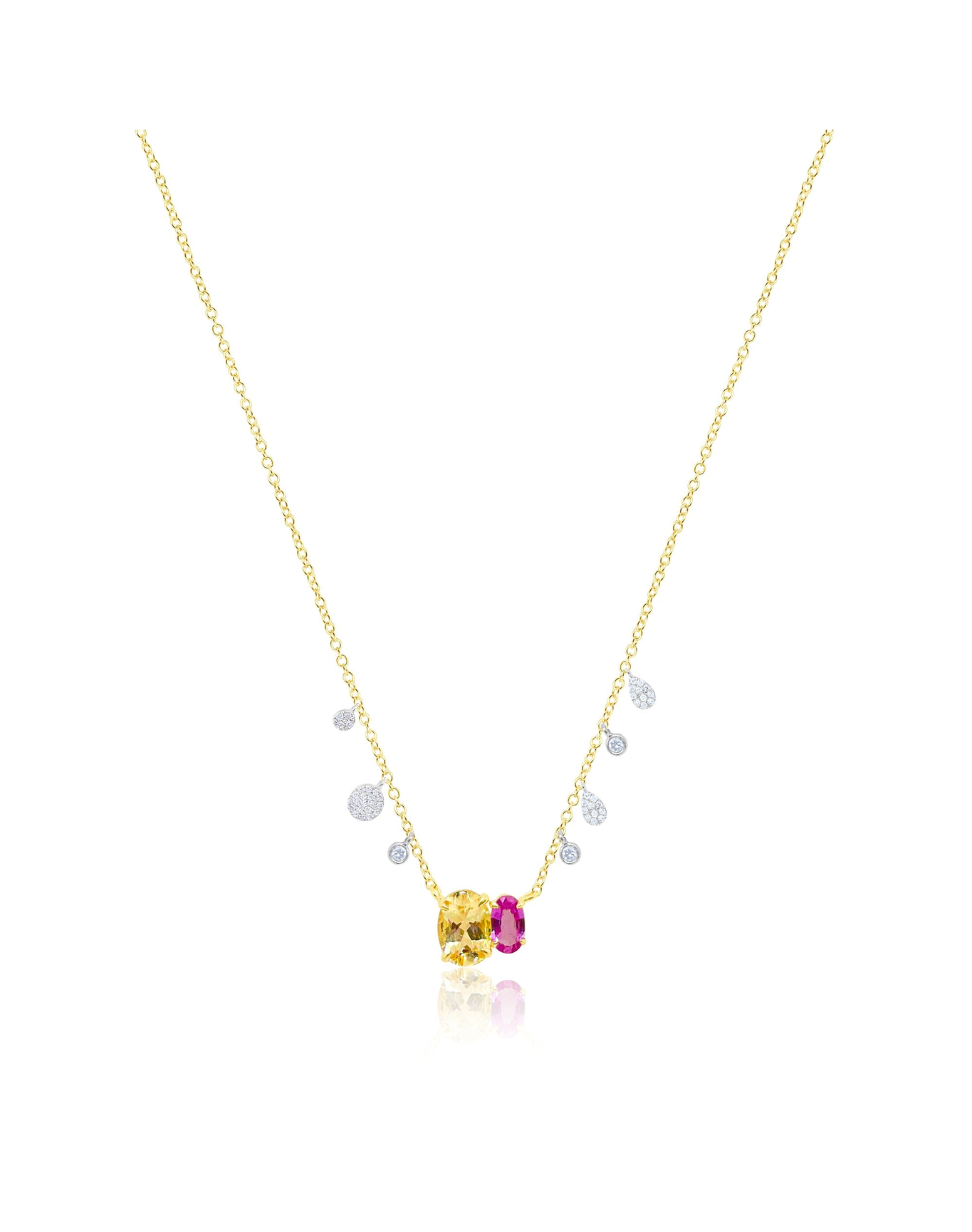 Amblygonite Pink Sapphire with Diamond Charms Two Stone Necklace | 14kt Yellow Gold