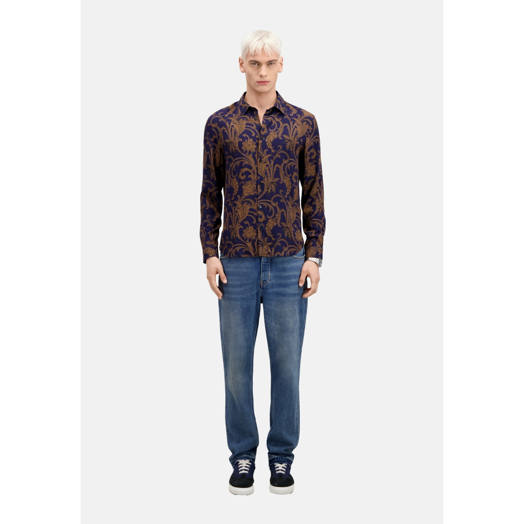 Printed Long Sleeve Shirt | Men | Navy x Brown