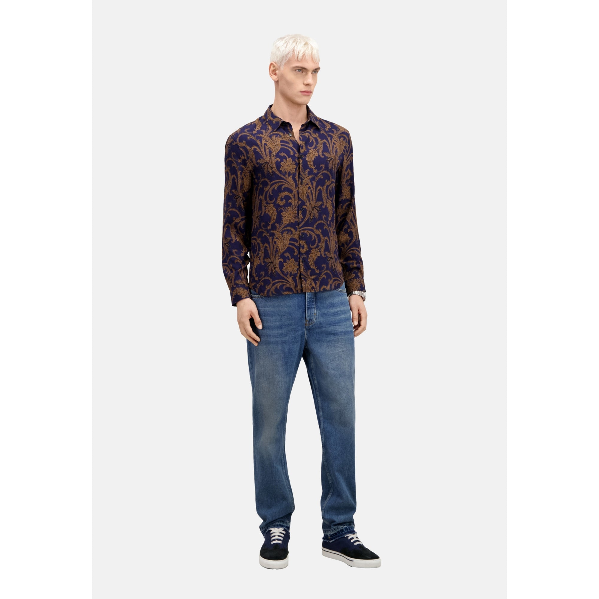 Printed Long Sleeve Shirt | Men | Navy x Brown