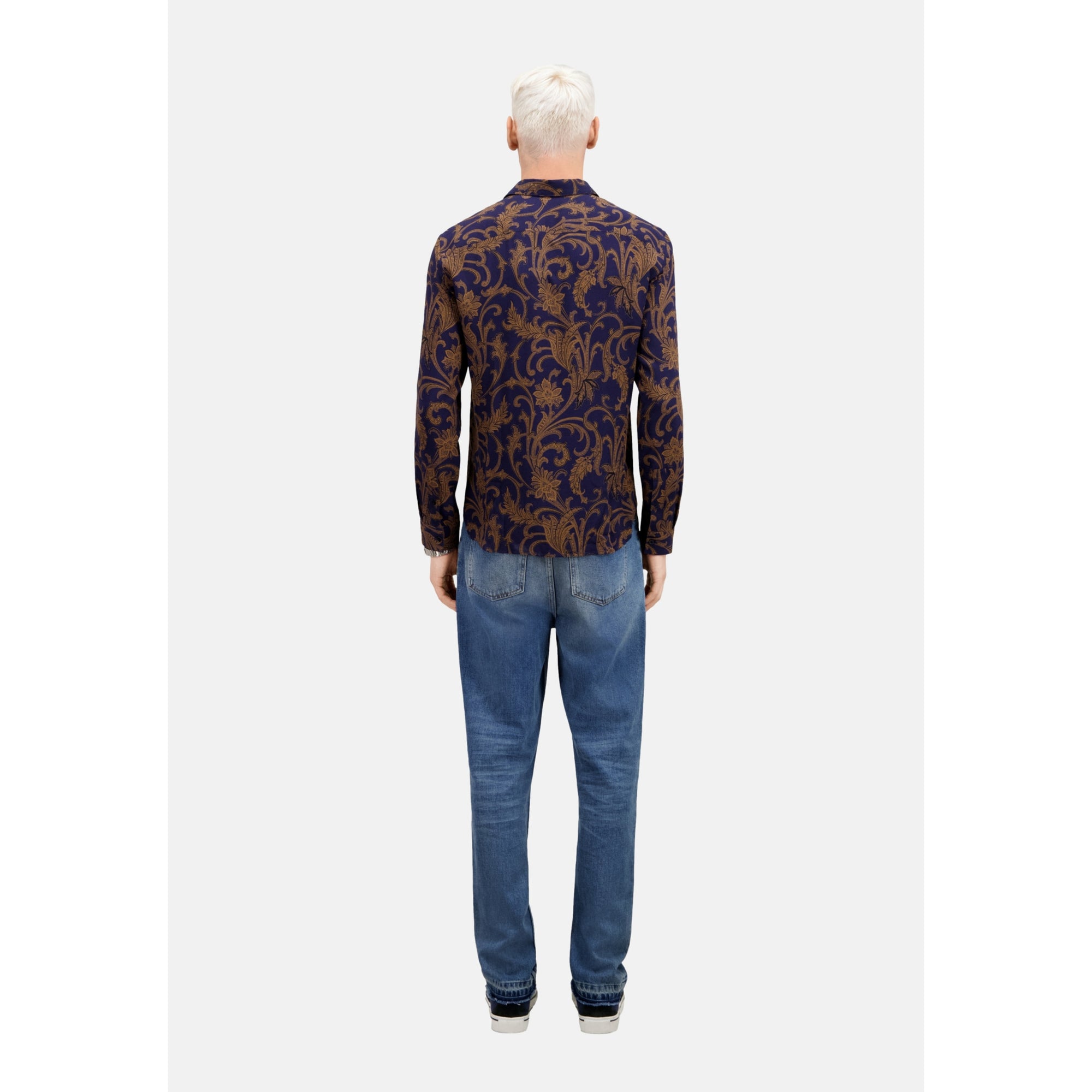 Printed Long Sleeve Shirt | Men | Navy x Brown