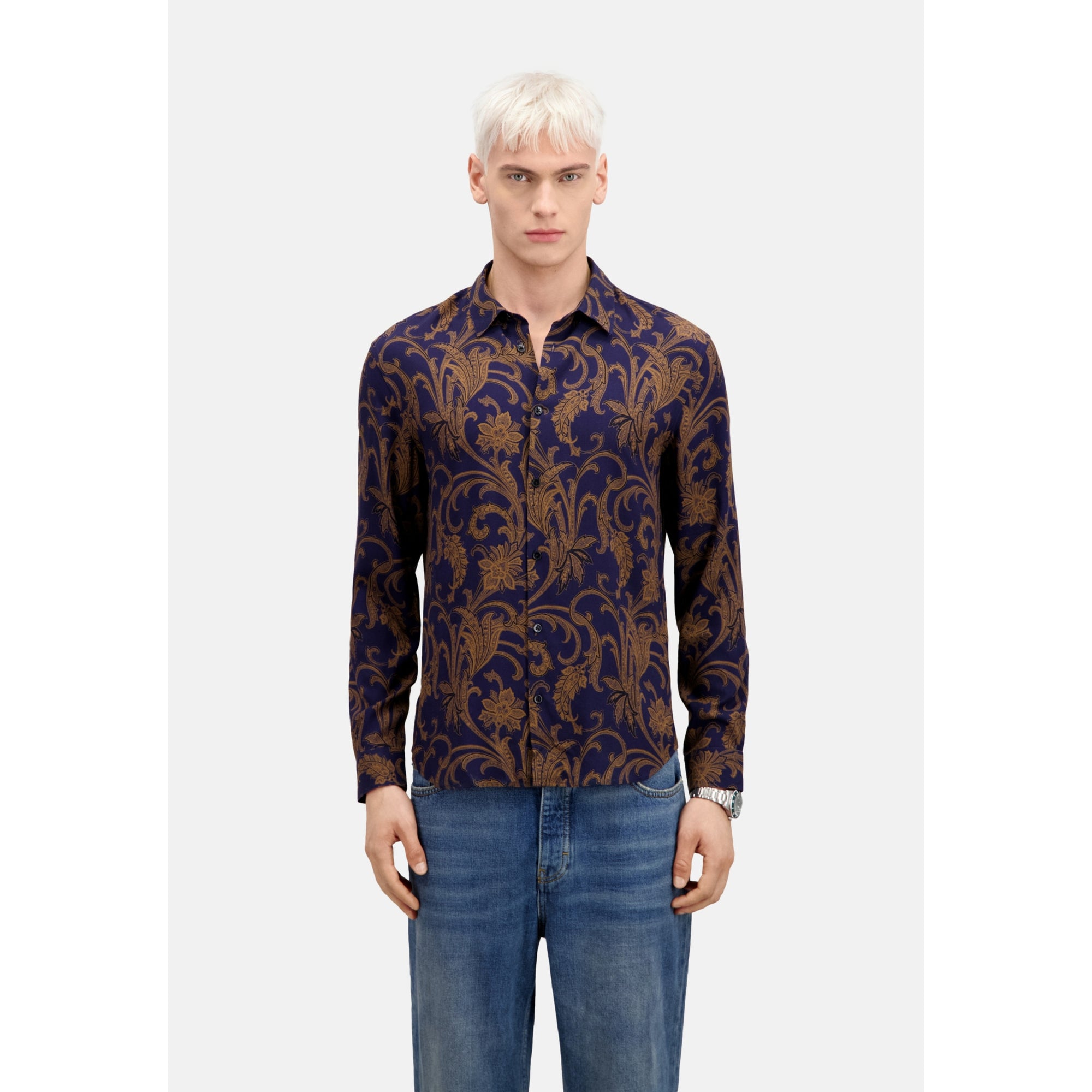 Printed Long Sleeve Shirt | Men | Navy x Brown