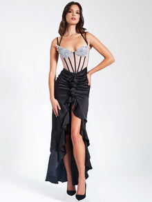 Rafaela Satin Corset Sequin Wing Cup Dress | Black