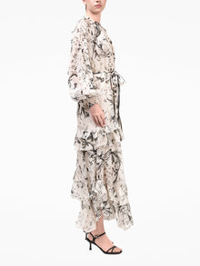 Swan Print Chiffon Belted Maxi Dress | Stone