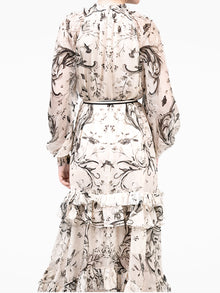 Swan Print Chiffon Belted Maxi Dress | Stone