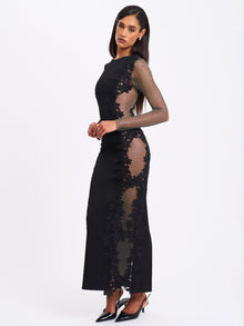 Bailey Lace Trim Crystal Net Cutout Long Sleeve Gown | Black