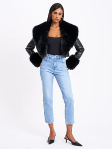 Ziah Cropped Leather Jacket with Fur Collar | Black