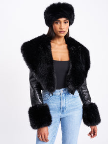 Ziah Cropped Leather Jacket with Fur Collar | Black