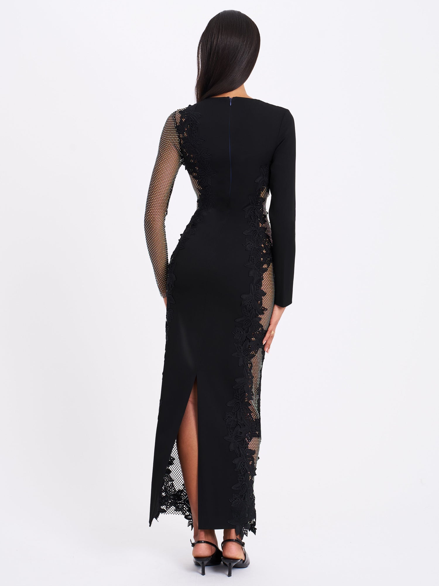 Bailey Lace Trim Crystal Net Cutout Long Sleeve Gown | Black