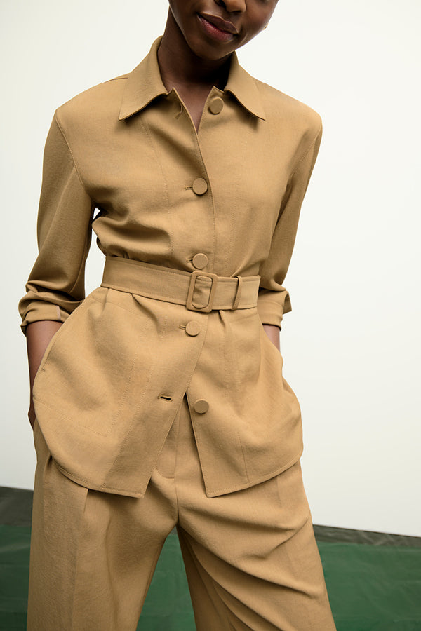 image of a woman wearing the avelyn jacket in macaroon | Exclude 
