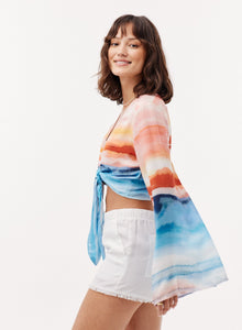 Tie Front Flare Sleeve Blouse |Horizon Sunset Print