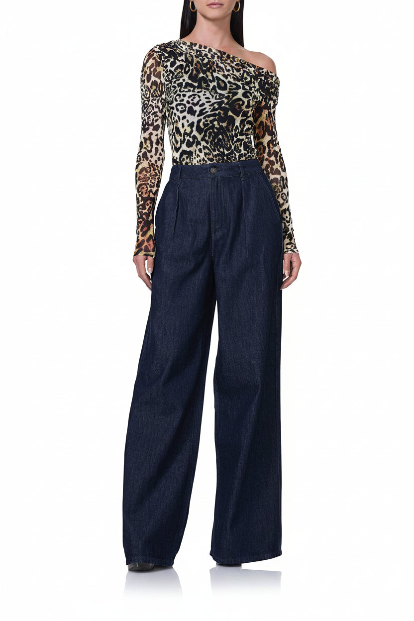 women's long sleeve top with draped neckline in animal print