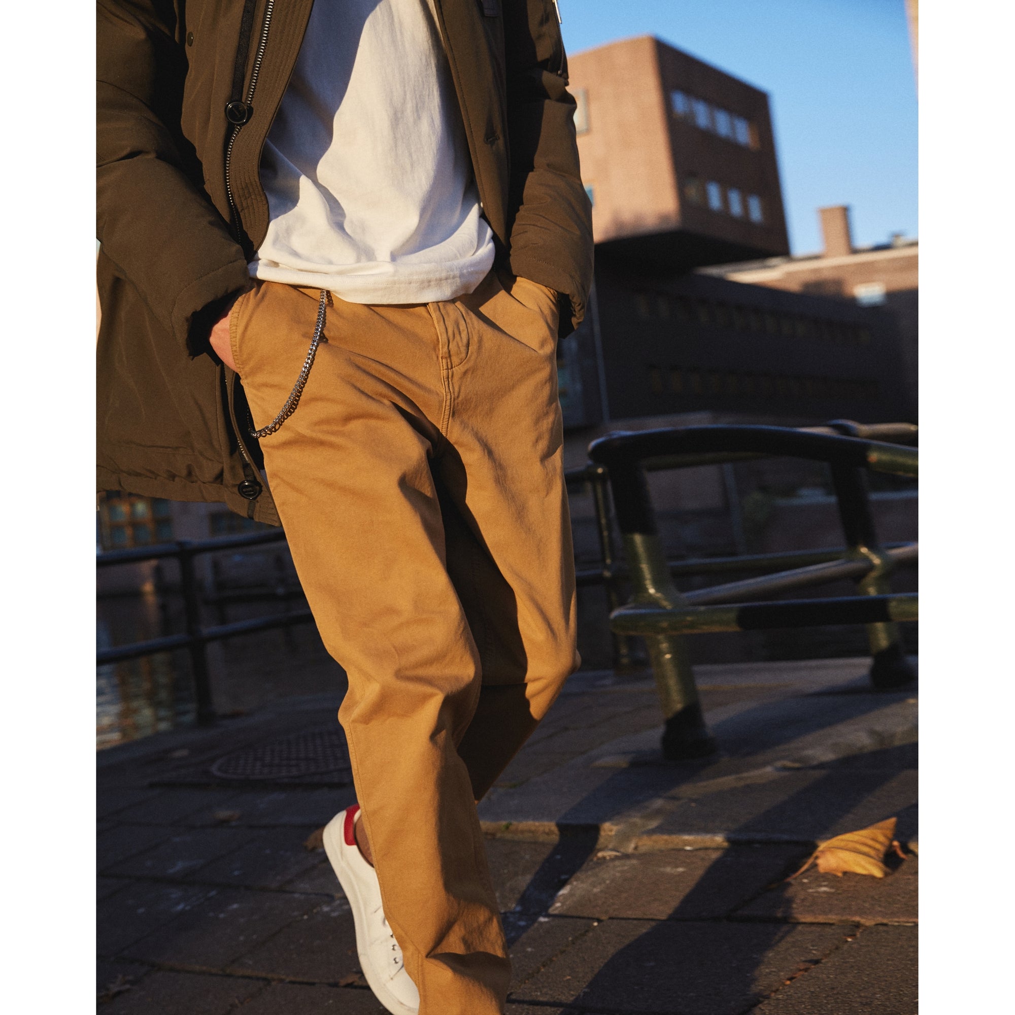 Beige Cotton Ripped Chinos | Men | Mustard