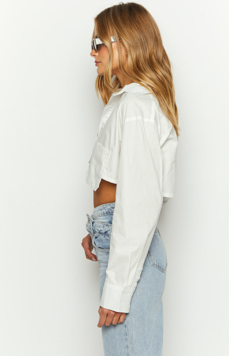 Bestie Button Up Crop Shirt | White