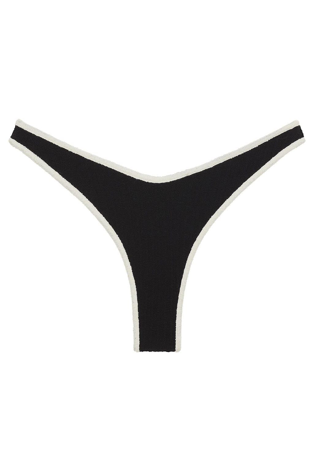Thong Bikini Bottom | Black Cream Binded Terry Rib