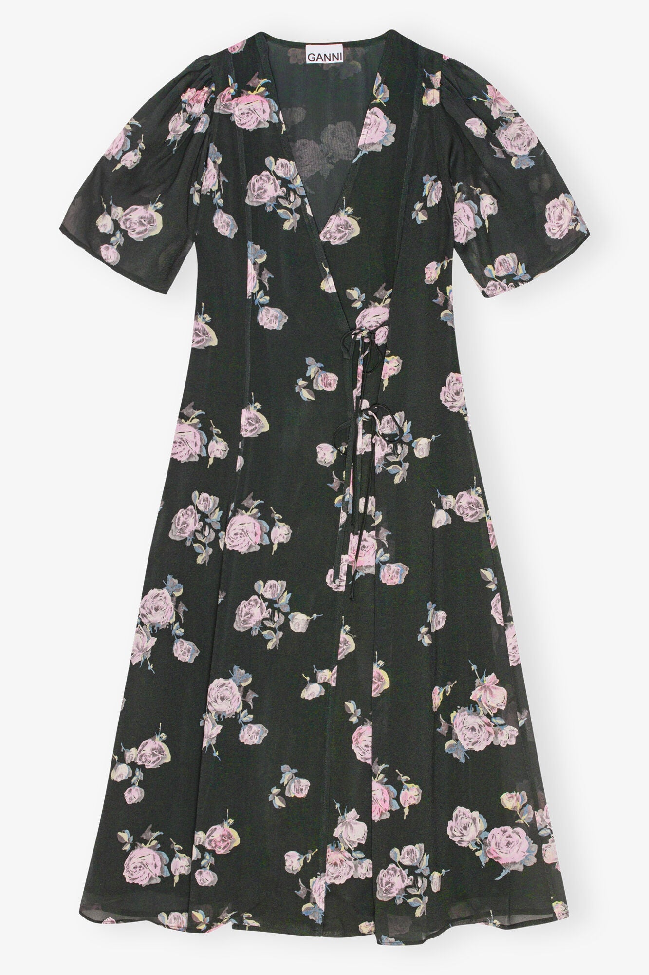 Black Floral Crepe Wrap Midi Dress | Climbing Ivy