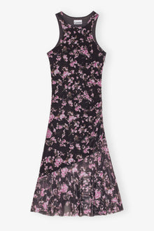 Black Floral Printed Mesh Sleeveless Midi Dress | Phantom