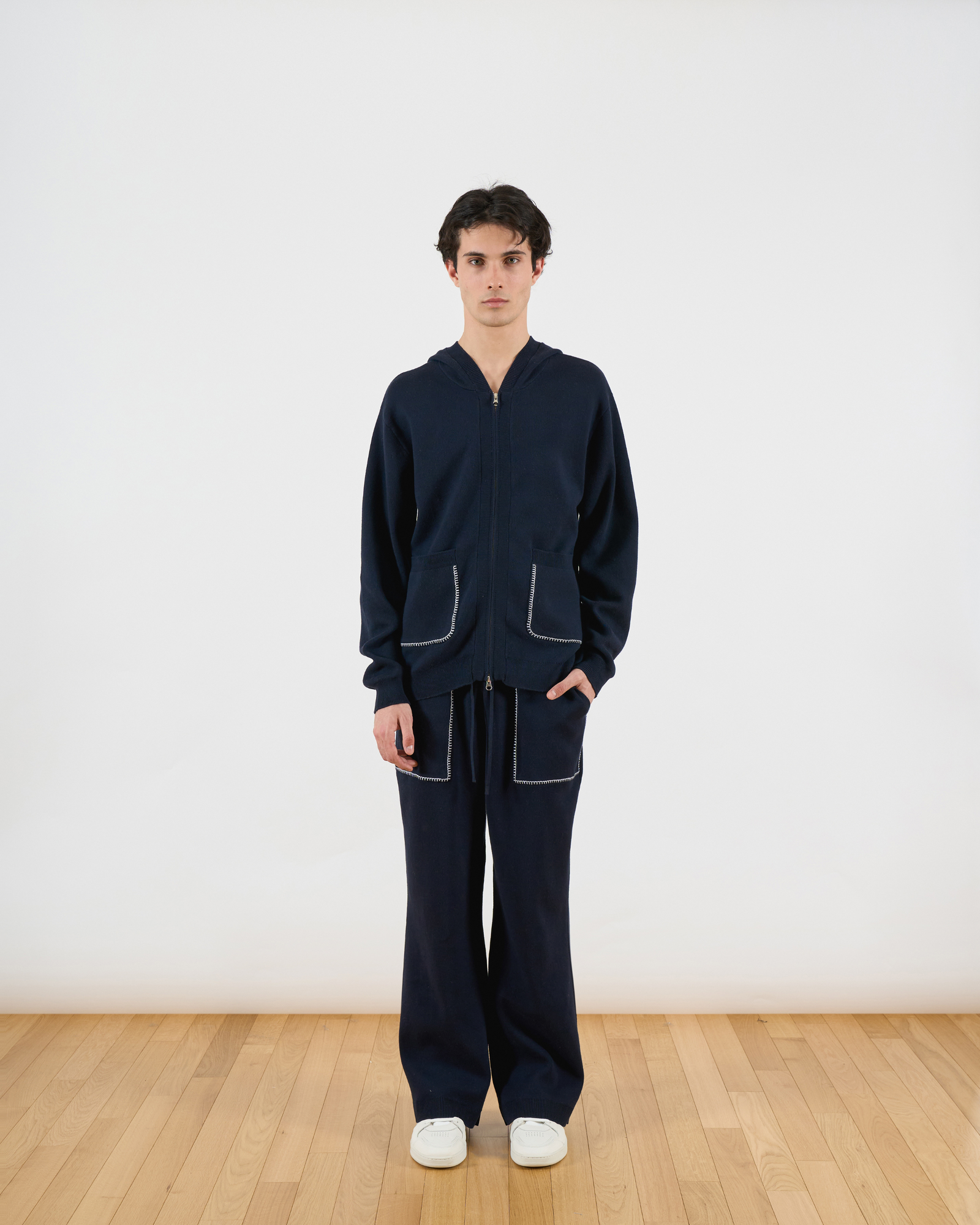 Blanket Stitch Zip Hoodie | Dark Navy