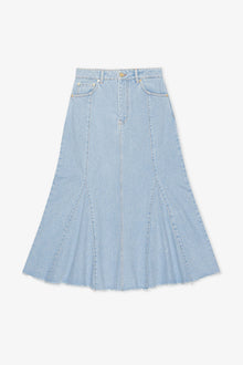 Bleach Denim Peplum Midi Skirt | Light Blue Stone