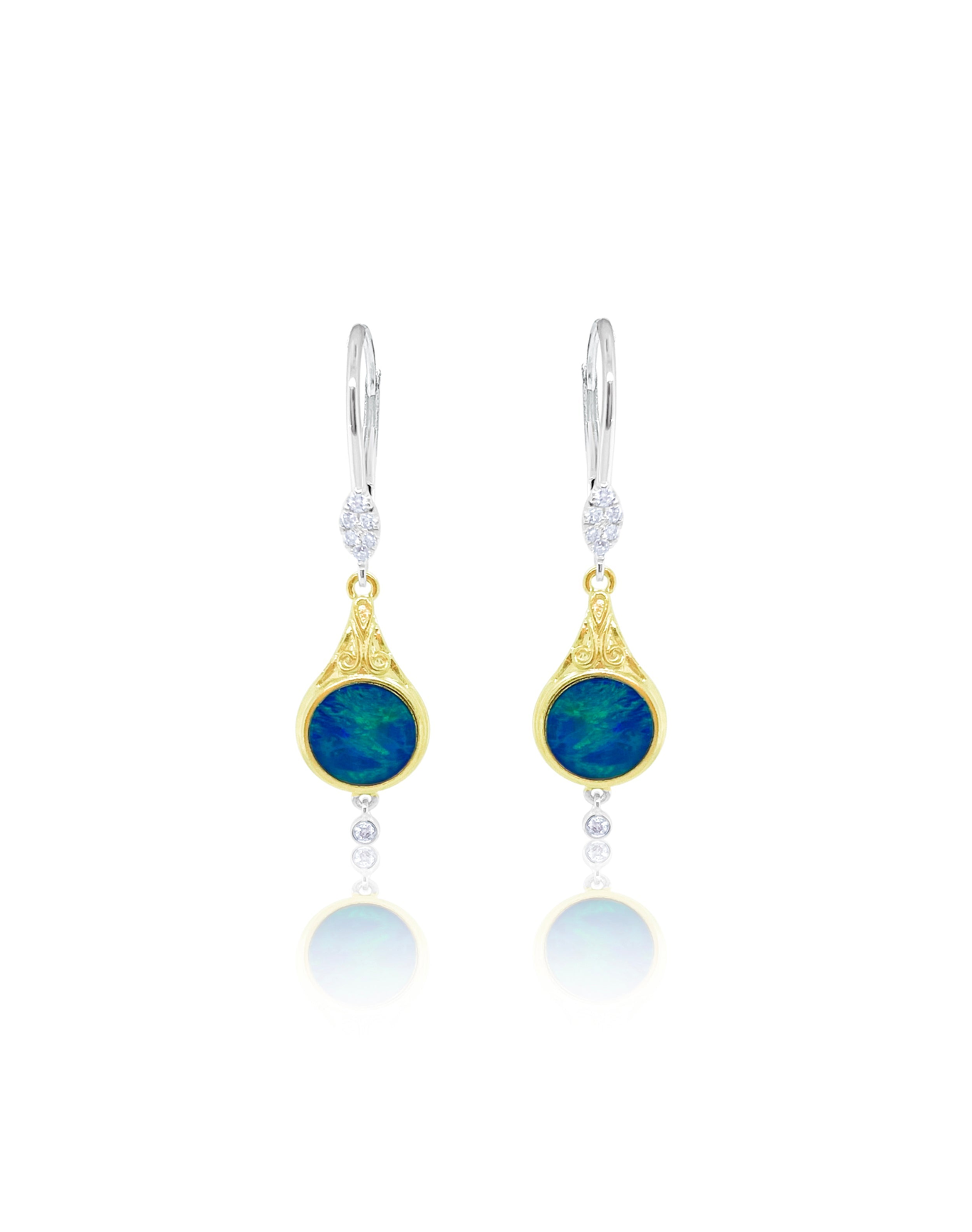 Blue Opal .09 Ct Diamond Drop Earrings | 14 Kt Yellow Gold