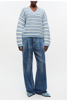 Blue Striped Cotton V neck Jumper | Egret