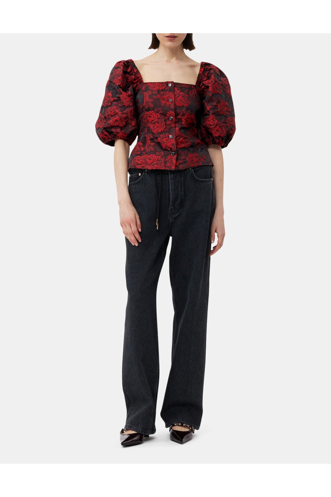 Botanical Jacquard Fitted Blouse | High Risk Red
