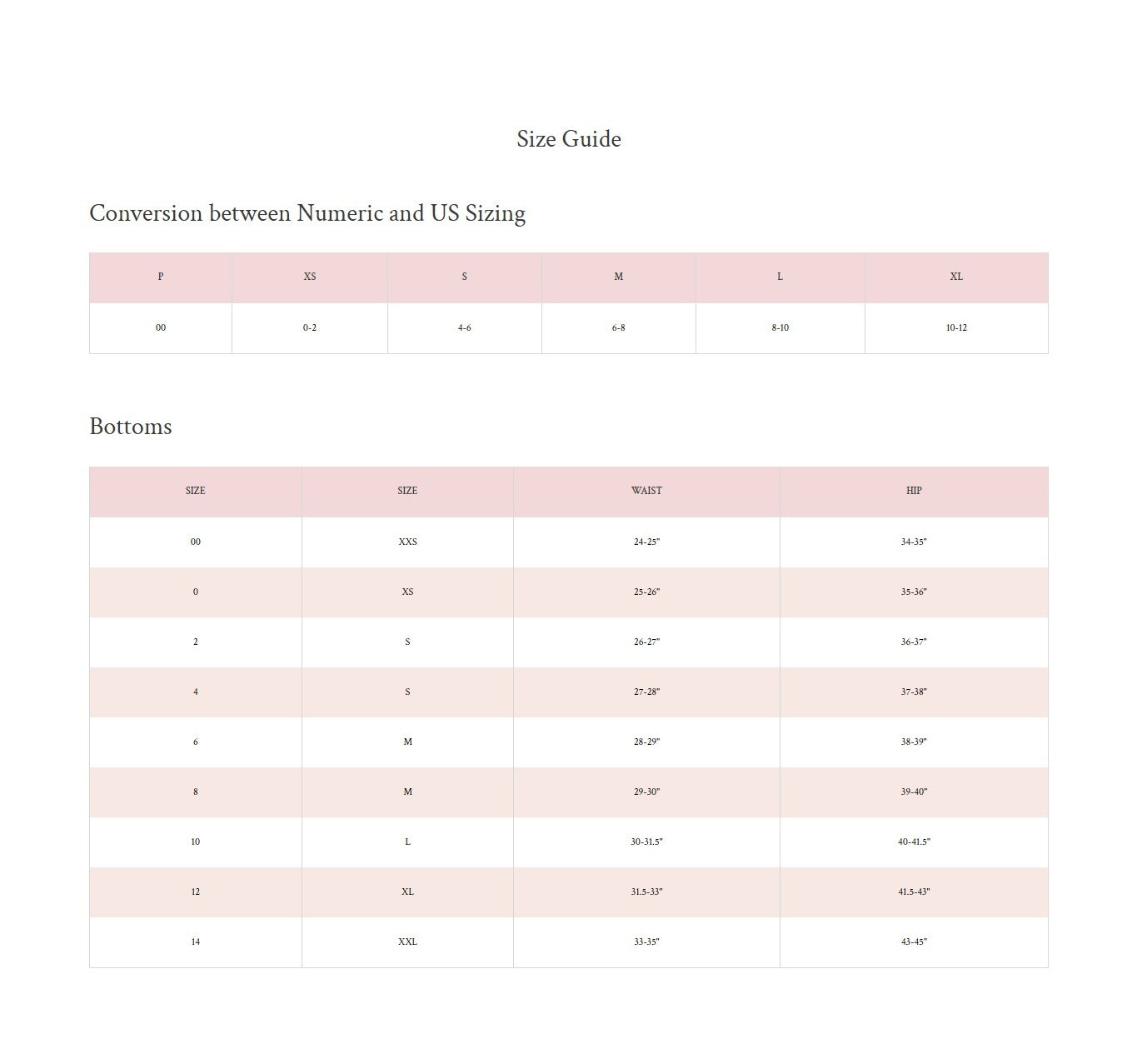 Product size guide