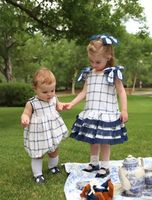 Boy | Checkered Linen Baby Boy Romper | White x Navy