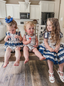 Boy | Checkered Linen Baby Boy Romper | White x Navy