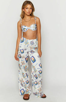 Bridget Satin Italia Print Pants | White