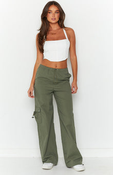 Khaki wide-leg cargo pants with an elasticated drawcord waist and side cargo pockets with drawcord hems