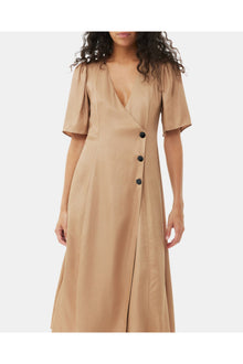Brown Viscose Twill Wrap Midi Dress | Tiger's Eye