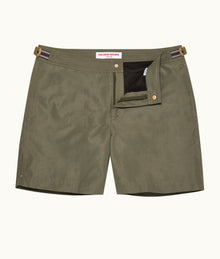 Bulldog Linen Mid-Length Tape Stripe Linen Blend Swim Shorts | Khaki/Stripe
