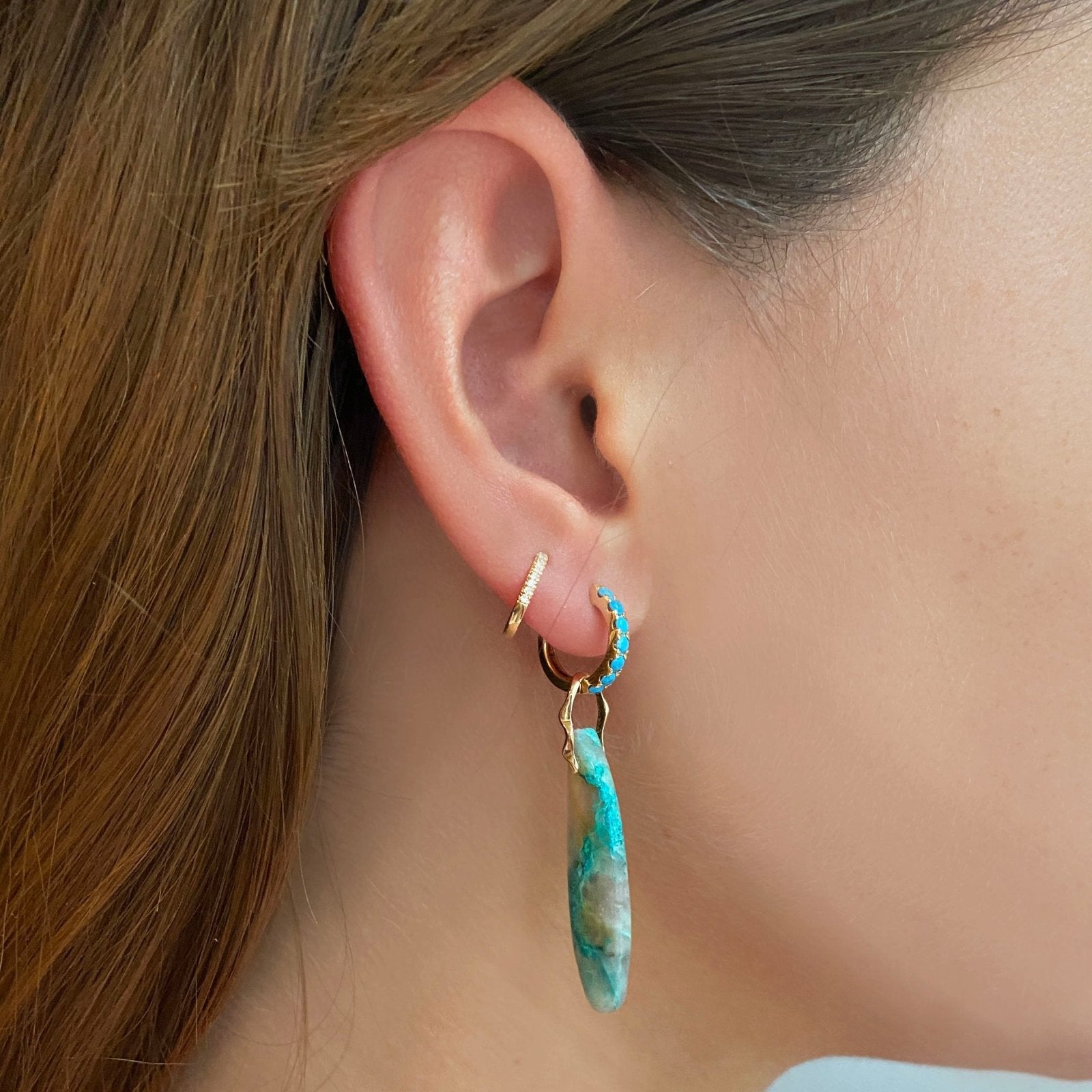 14K Gold 13mm Turquoise Pavé Hoops styled with a surfboard charm attached